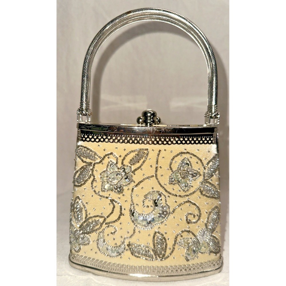 Vintage Beaded Evening Bag Silver Floral Handbag Metal Frame Purse